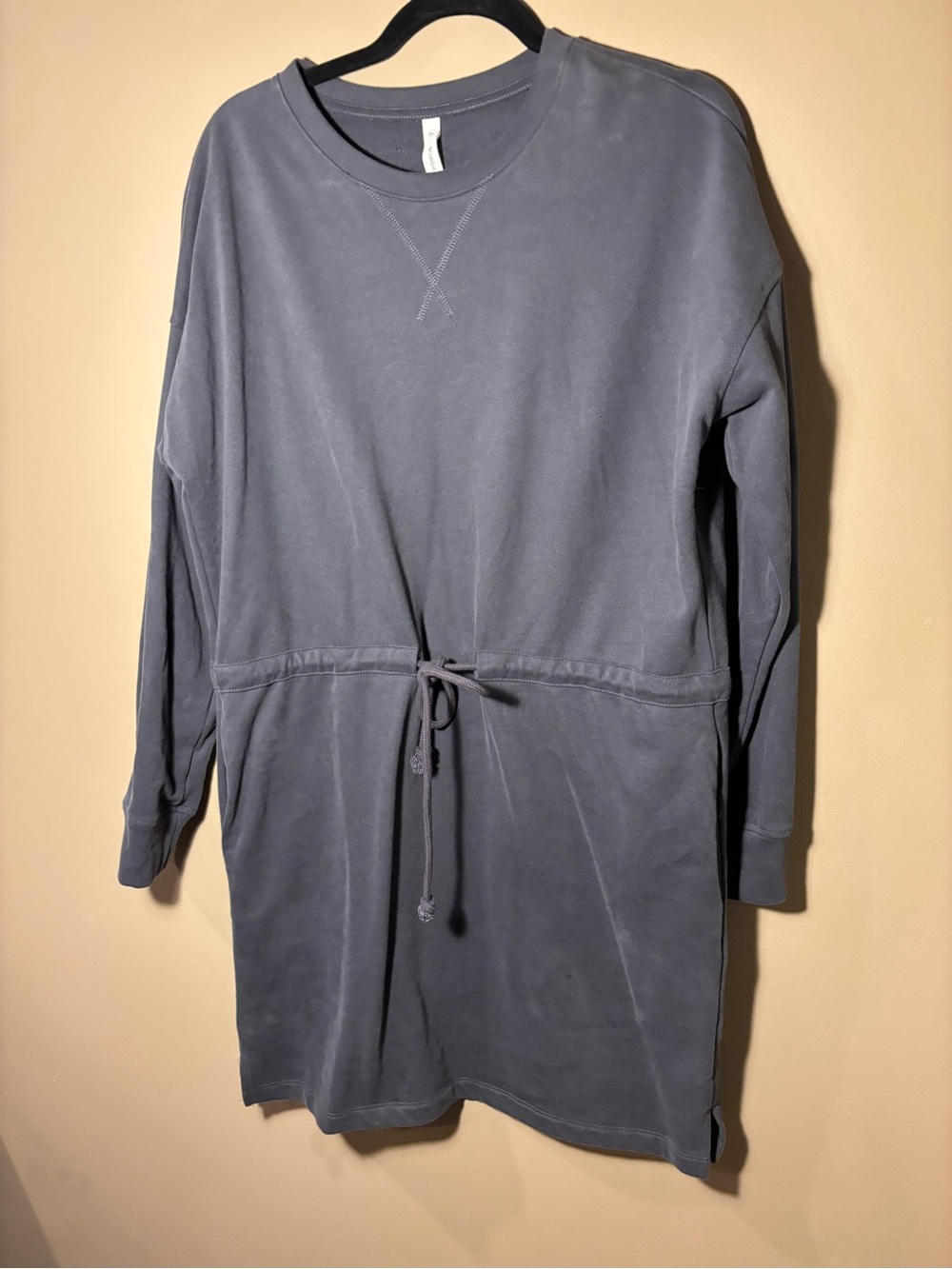 Casual Drawstring Sweatshirt Dress in Washed Slate